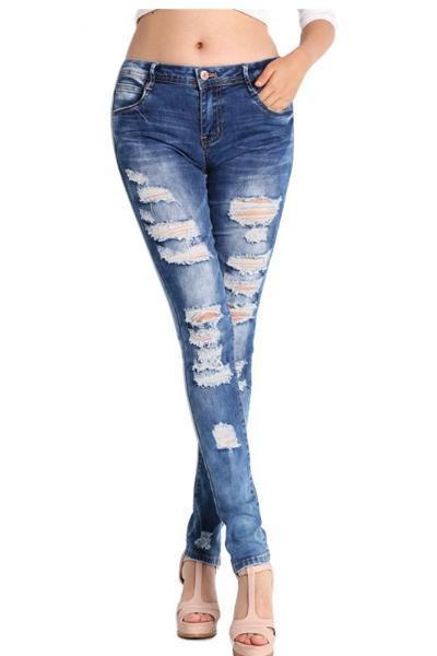 Low Waist Distressed Stretch Ripped Skinny Denim Jeans