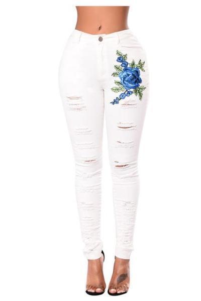 Red Rose Embroidery Distressed Black Skinny Jeans