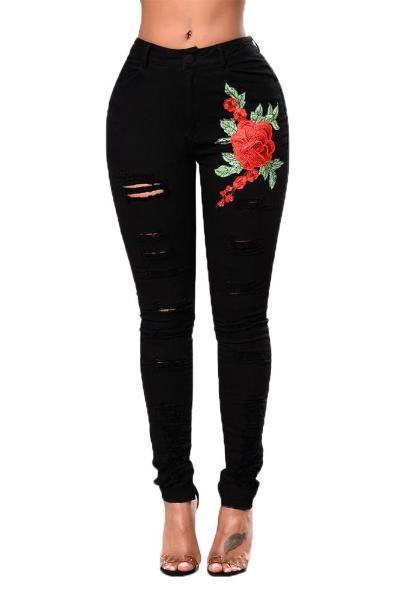 Red Rose Embroidery Distressed Black Skinny Jeans