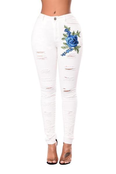 Red Rose Embroidery Distressed Black Skinny Jeans