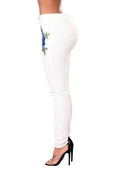 Red Rose Embroidery Distressed Black Skinny Jeans