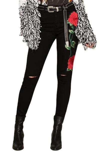 Red Rose Embroidery Distressed Black Skinny Jeans