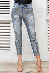 Sequin Hole Ripped Blue Jeans