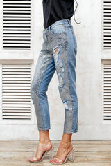 Sequin Hole Ripped Blue Jeans