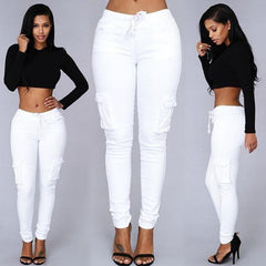 Drawstring Waist Pocket Design Skinny Long Cargo Pants