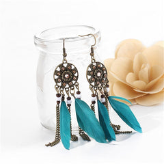 Dream Catcher Long Feather Drop Earrings Tassel Bead Tibetan Earrings For Woman