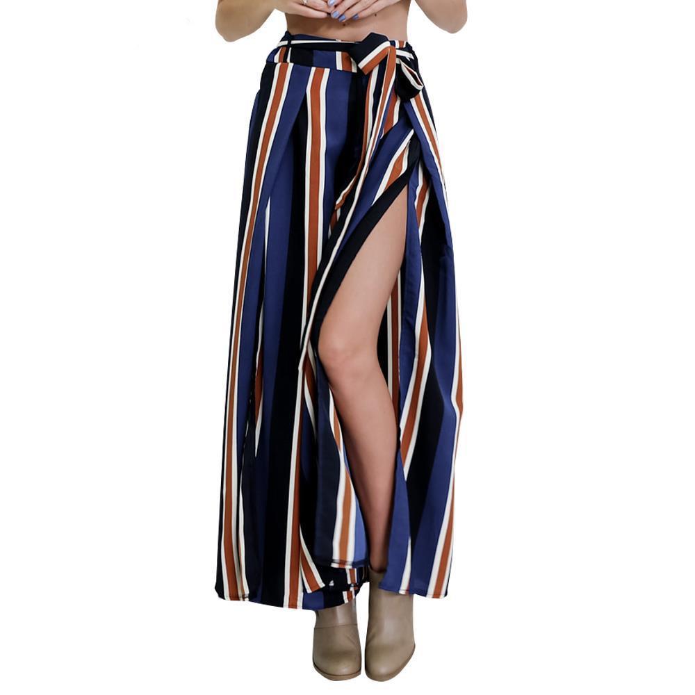 Loose Fit Bow Tie Striped Print Wide Leg Pants High Side Slit Drawstring