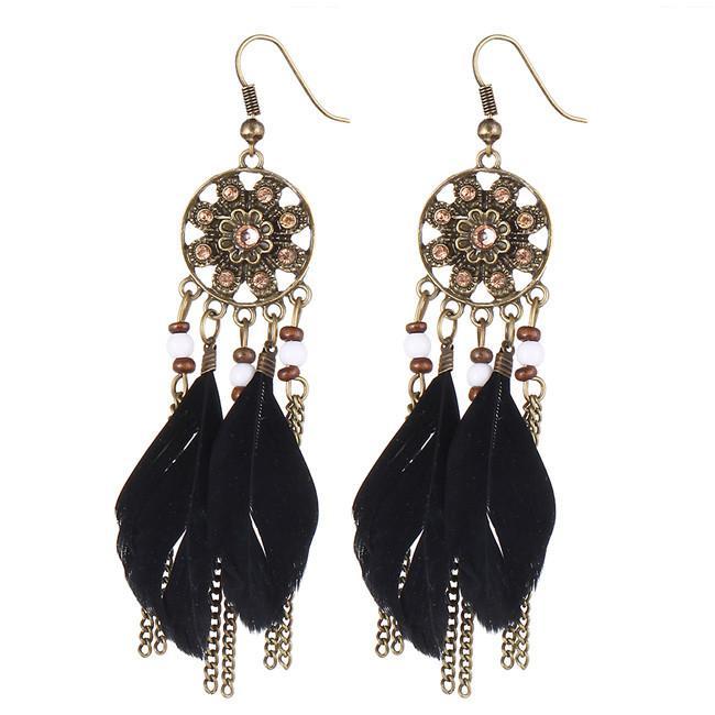 Dream Catcher Long Feather Drop Earrings Tassel Bead Tibetan Earrings For Woman