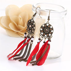 Dream Catcher Long Feather Drop Earrings Tassel Bead Tibetan Earrings For Woman