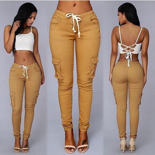 Drawstring Waist Pocket Design Skinny Long Cargo Pants