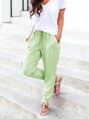 Solid Drawstring Casual Linen Pants Women Trousers