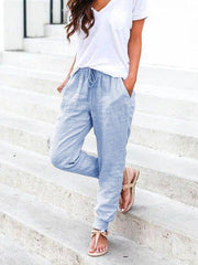 Solid Drawstring Casual Linen Pants Women Trousers