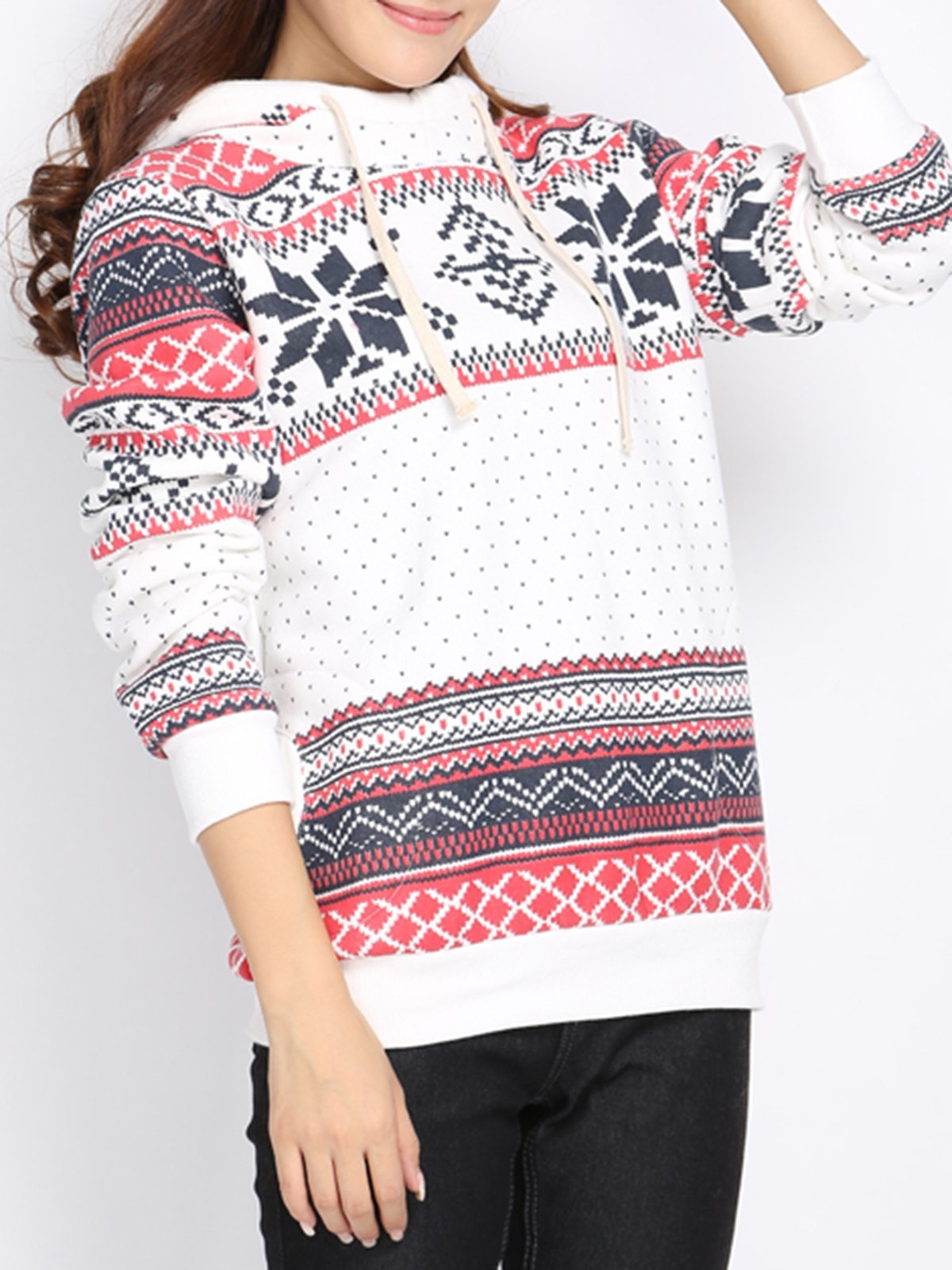 White Printed Geometric Long Sleeve Hoodie