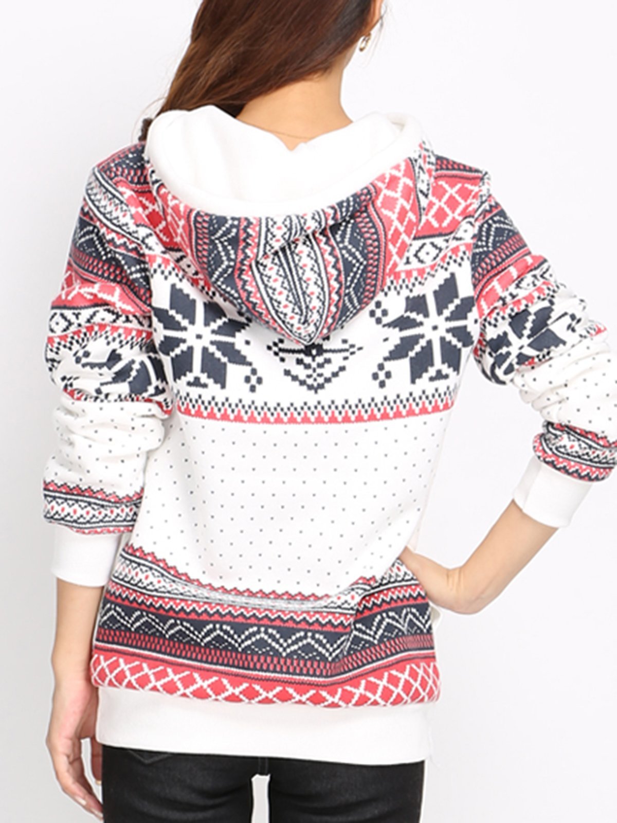 White Printed Geometric Long Sleeve Hoodie