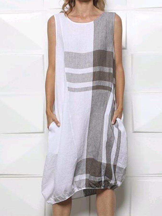 Casual Coloeblock Linen Plain Sleeveless Dresses