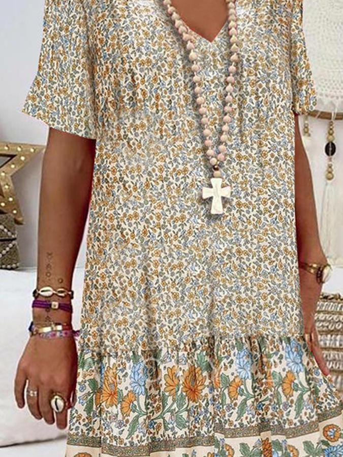 Casual Short Sleeve Floral V Neck Dresses