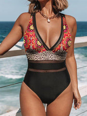 Black Leopard Print V Neck Casual Holiday Swimwear