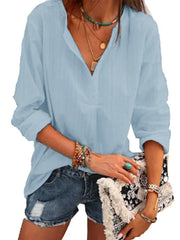 Casual Cotton-Blend Plain Long Sleeve Shirts Blouses