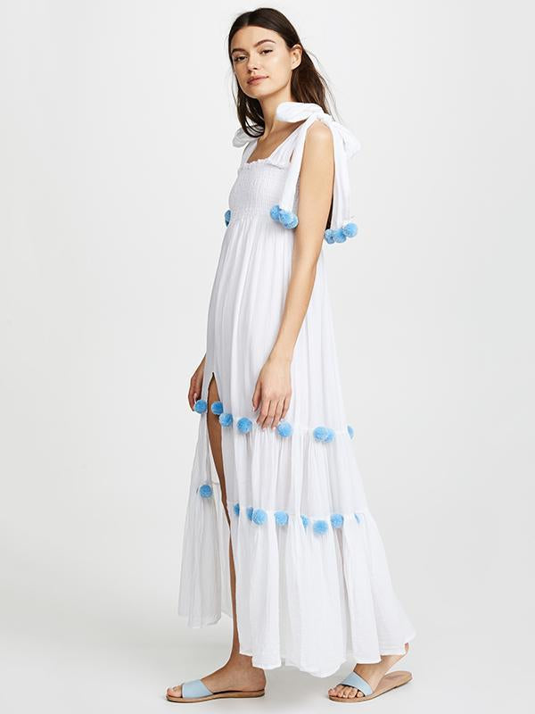 Bohemia Pompoms Knotted Bowknot Split-front Maxi Dress