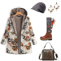 Vintage Leaves Floral Print Hooded Long Sleeve Coats