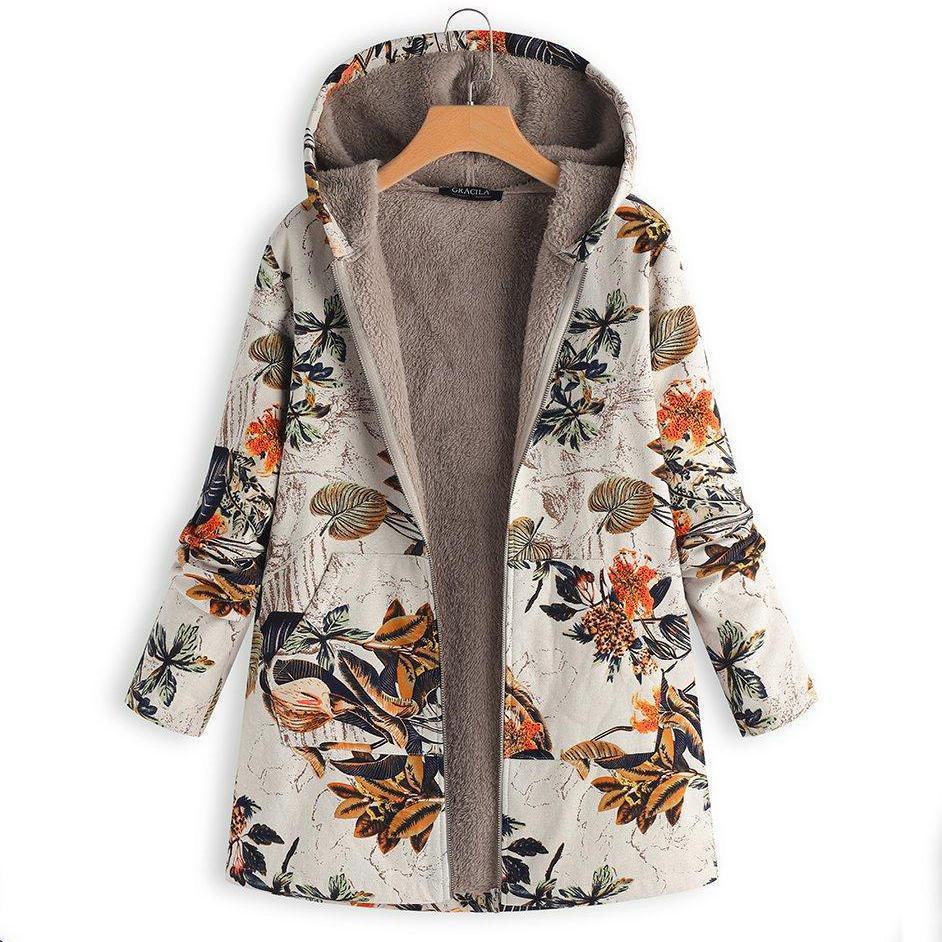 Vintage Leaves Floral Print Hooded Long Sleeve Coats