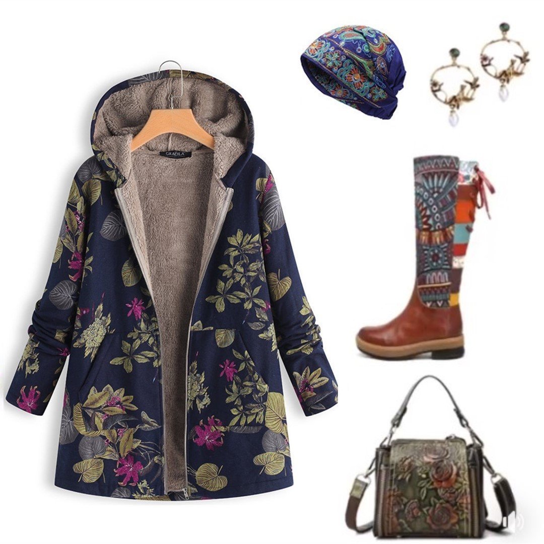 Vintage Leaves Floral Print Hooded Long Sleeve Coats