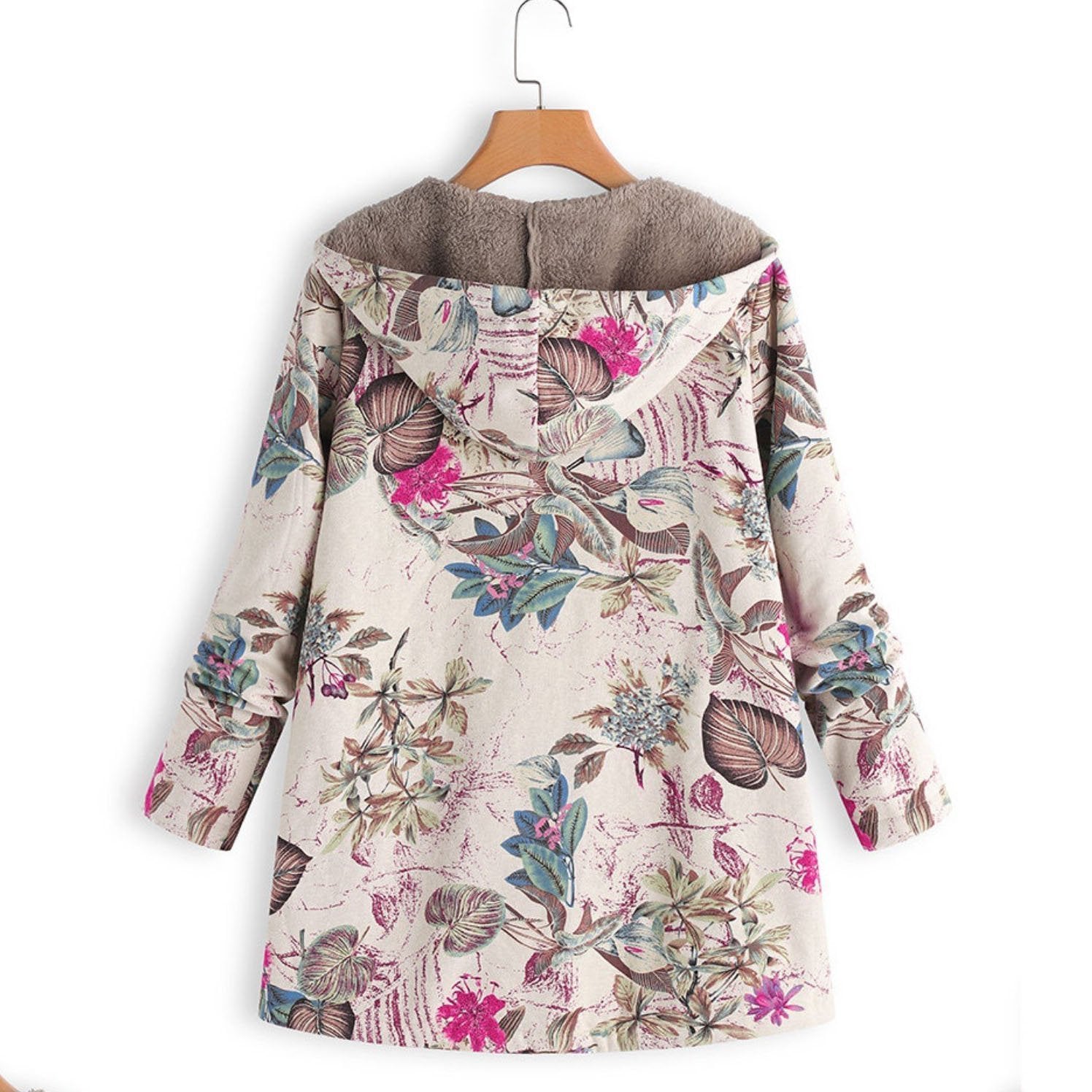 Vintage Leaves Floral Print Hooded Long Sleeve Coats