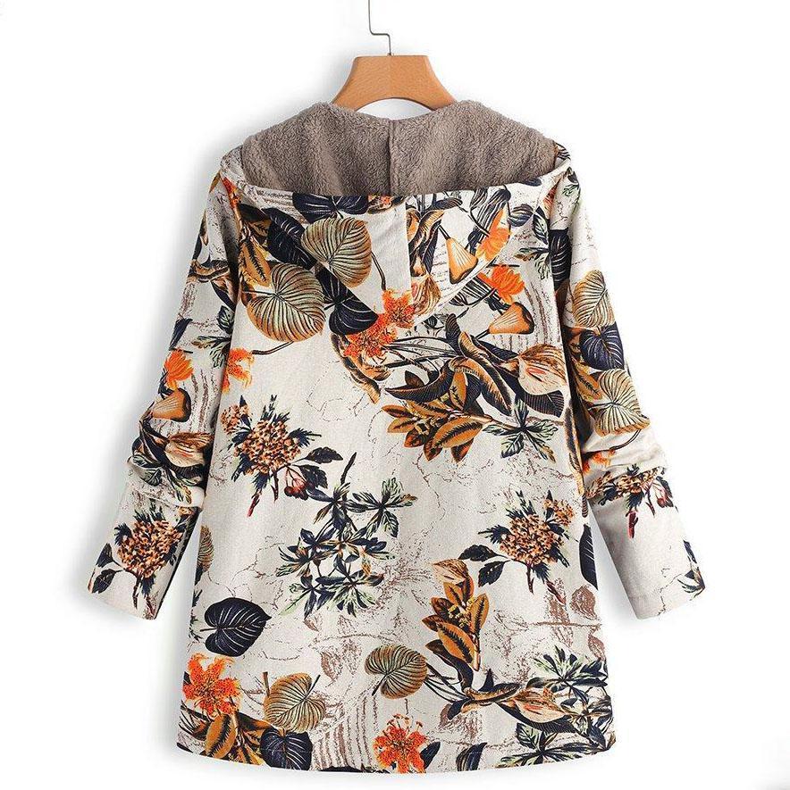 Vintage Leaves Floral Print Hooded Long Sleeve Coats