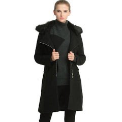 Women Winter Coat Faux Fur Collar Long Woolen Coat