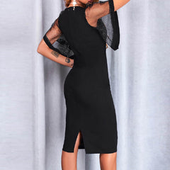women's solid color hot diamond mesh V-neck bodycon dress