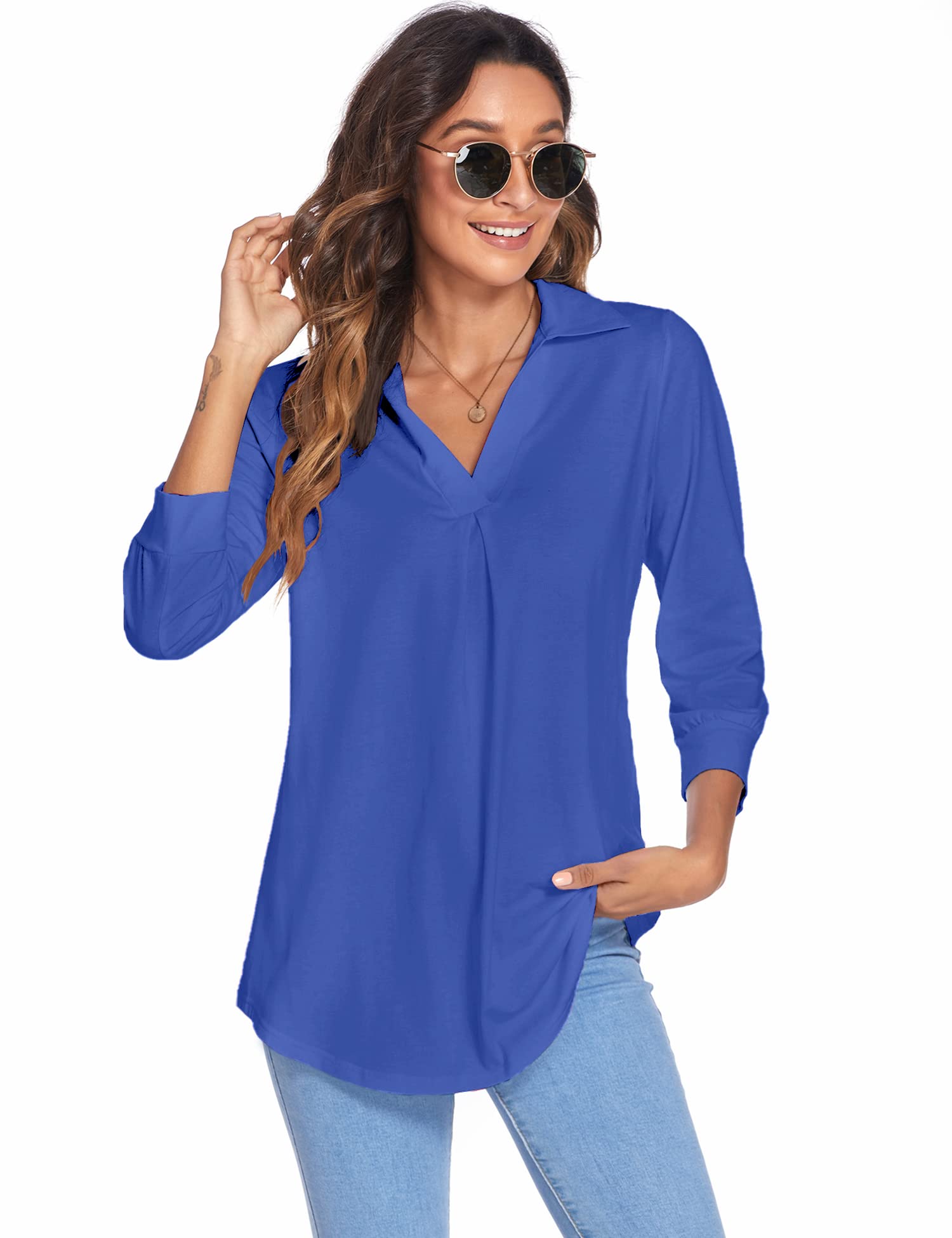 Women's Blouses Collared V Neck Casual Loose Blouse