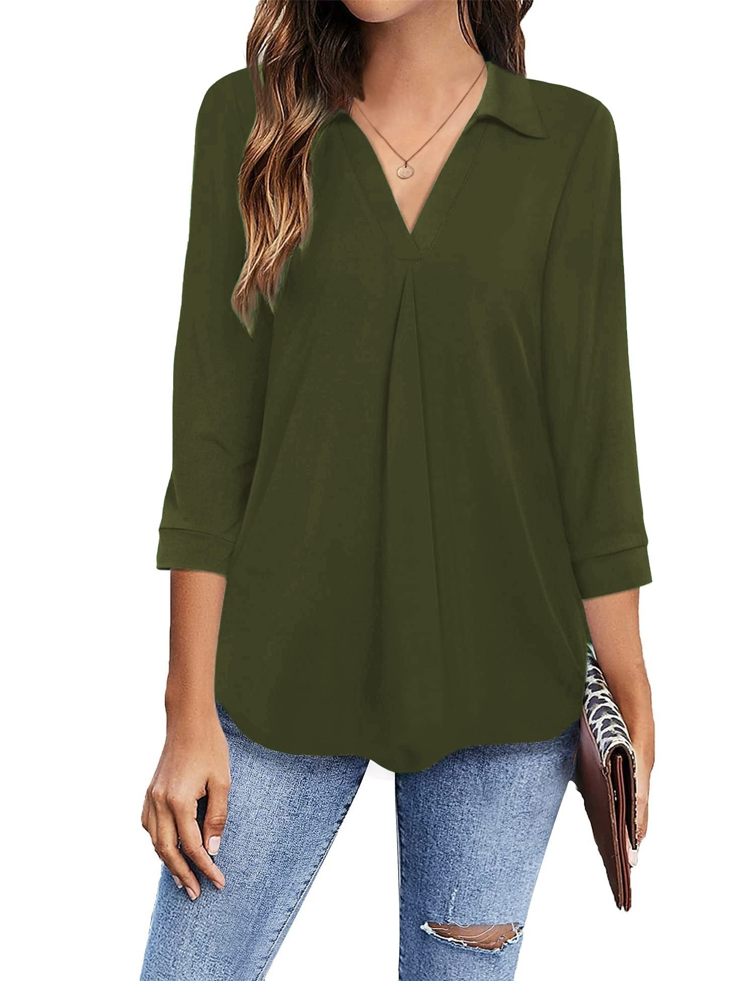 Women's Blouses Collared V Neck Casual Loose Blouse