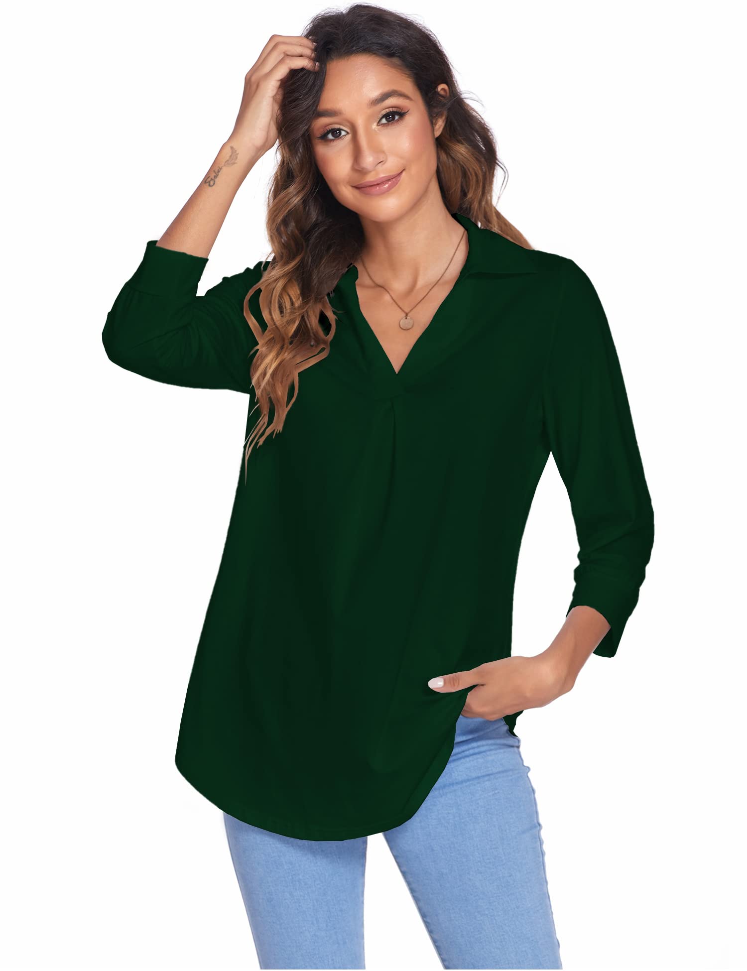 Women's Blouses Collared V Neck Casual Loose Blouse