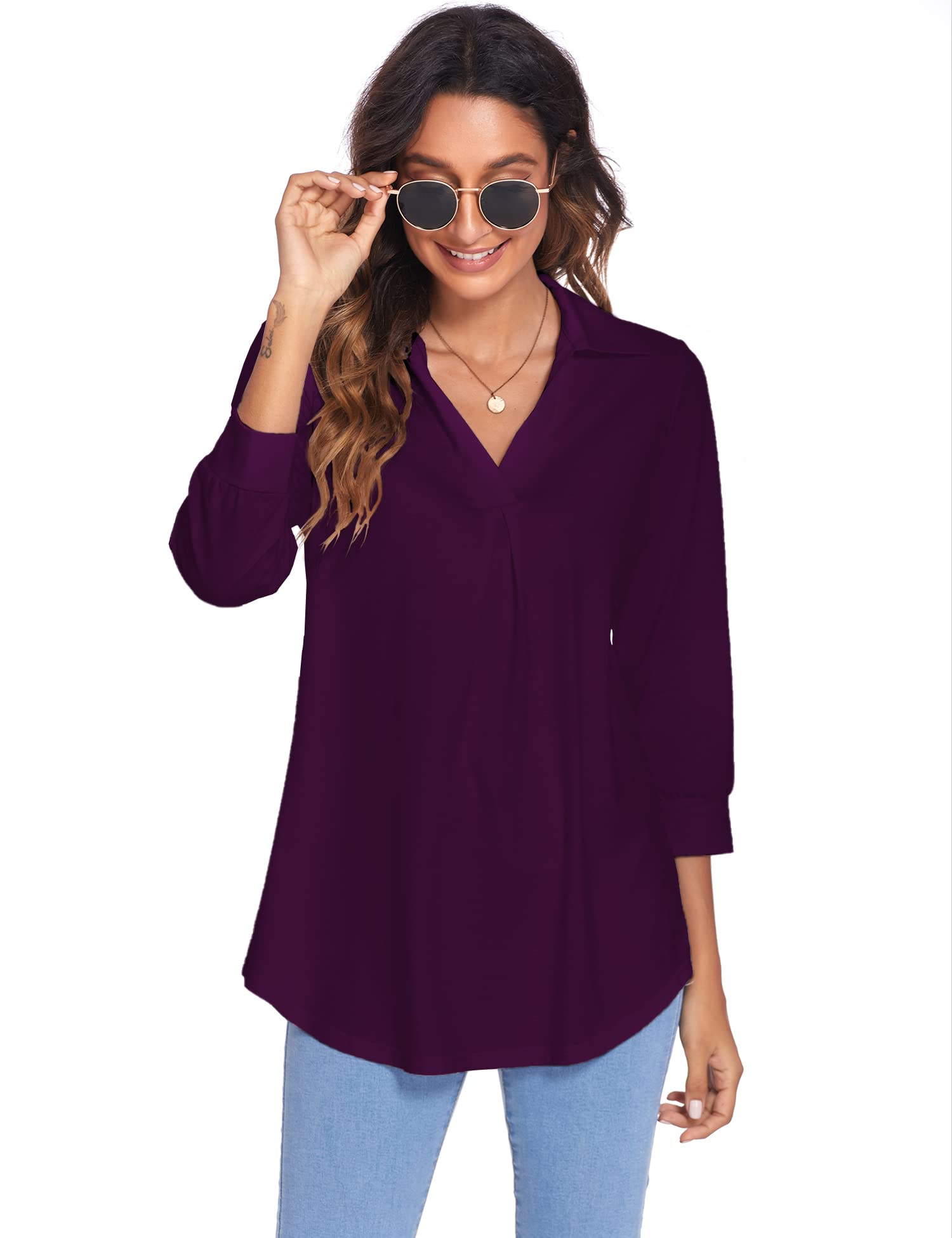 Women's Blouses Collared V Neck Casual Loose Blouse