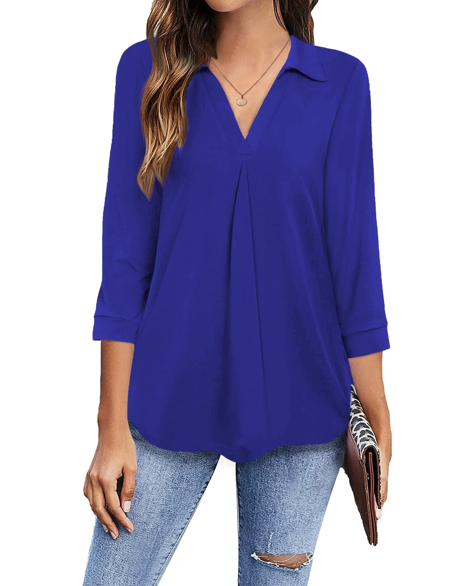 Women's Blouses Collared V Neck Casual Loose Blouse