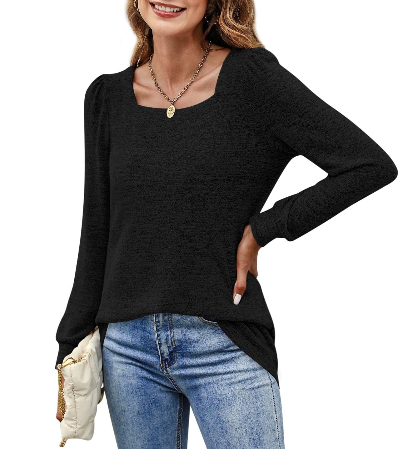 Women's Blouses Square Neck Puff Sleeve Casual Blouse