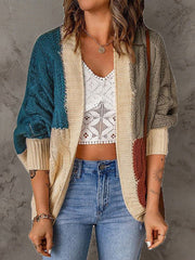 Women's Cardigans Loose Colorblock Long Sleeve Knit Cardigan