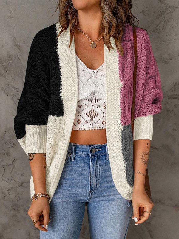 Women's Cardigans Loose Colorblock Long Sleeve Knit Cardigan