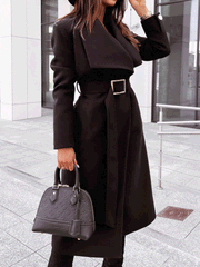 Women's Coats Simple Lapel Button Tie Wool Coat