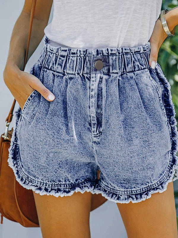 Women's Denim Shorts Stretch Elastic Waist Ruffled Denim Shorts