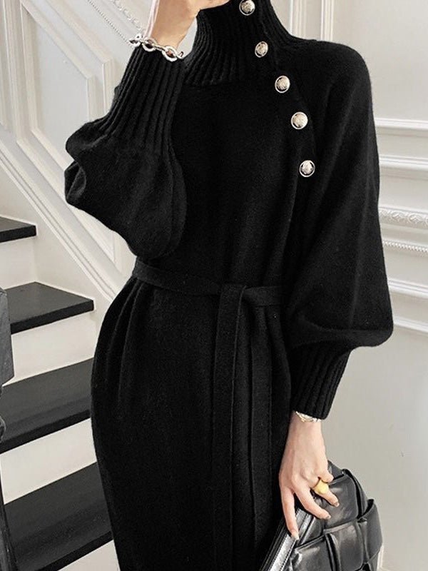 Women's Dresses High Neck Button Tie Long Sleeve Sweater Dress