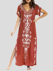 Women's Dresses Loose V-Neck Vintage Print Slit Maxi Dress