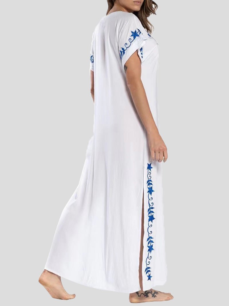 Women's Dresses Loose V-Neck Vintage Print Slit Maxi Dress