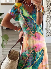 Women's Dresses Multicolor Leaf V-Neck Short Sleeve Slit Dress