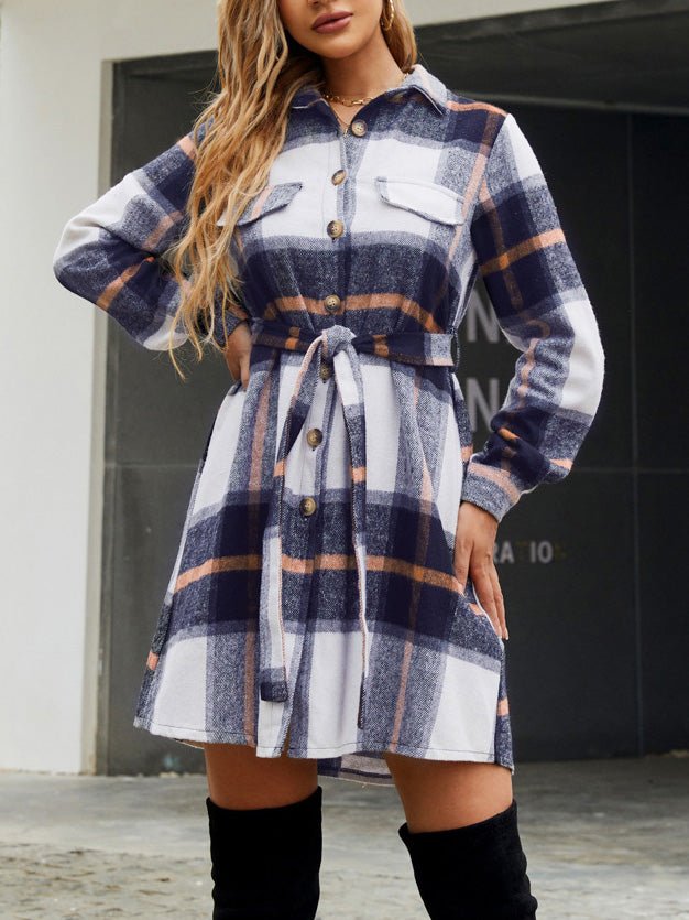 Women's Dresses Plaid Print Lace Up Long Sleeve Dress