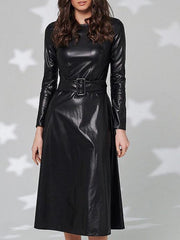 Women's Dresses Simple Round Neck Belt Long Sleeve PU Leather Dress