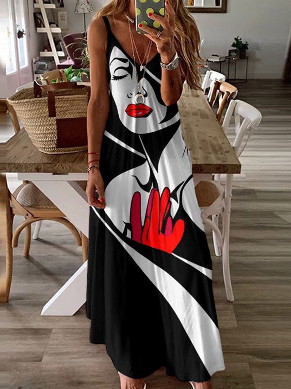 Women's Dresses Sling V-Neck Print Slim Dress Maxi Dresses