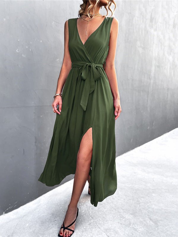 Women's Dresses V-Neck Belted Sleeveless Slit Dress