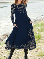 Women's Dresses Vintage Print Pocket Long Sleeve Dress