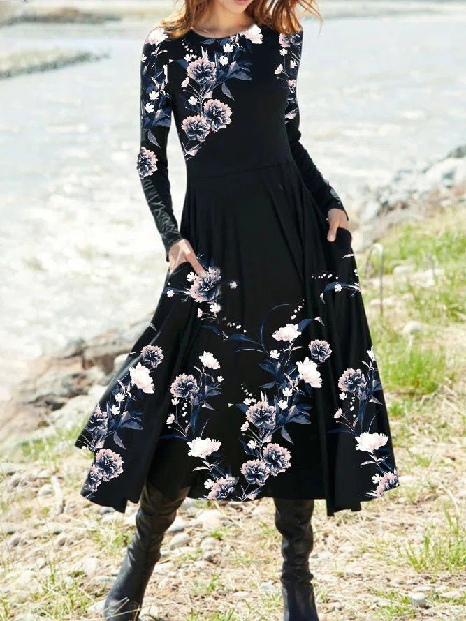 Women's Dresses Vintage Print Pocket Long Sleeve Dress